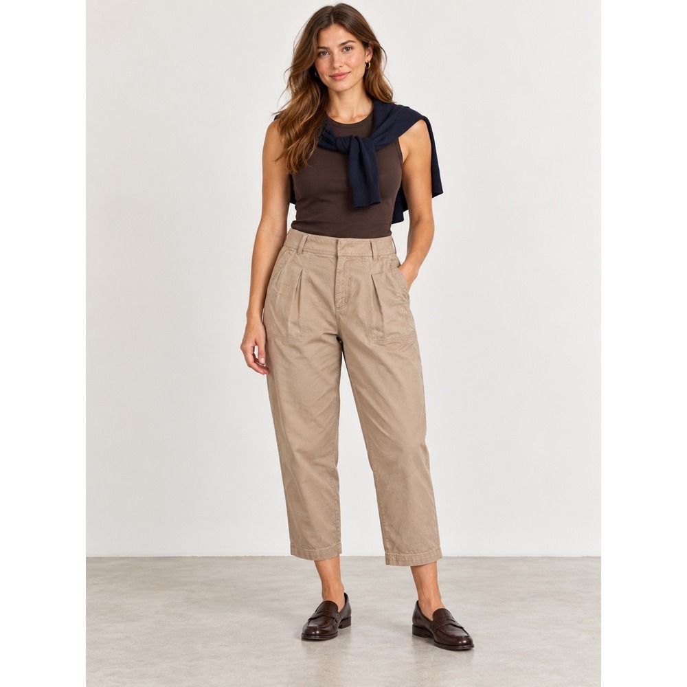 Loft Womens High Rise Pleated Utility Pants Tan Khaki Size 14 Cropped Tapered